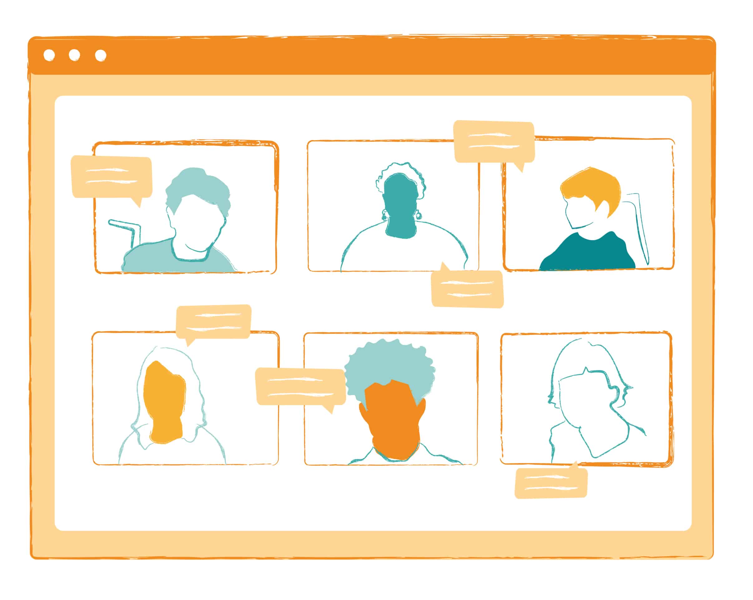 image showing different people in boxes, as if in a zoom meeting. the image colors are orange and teal and illustrated.