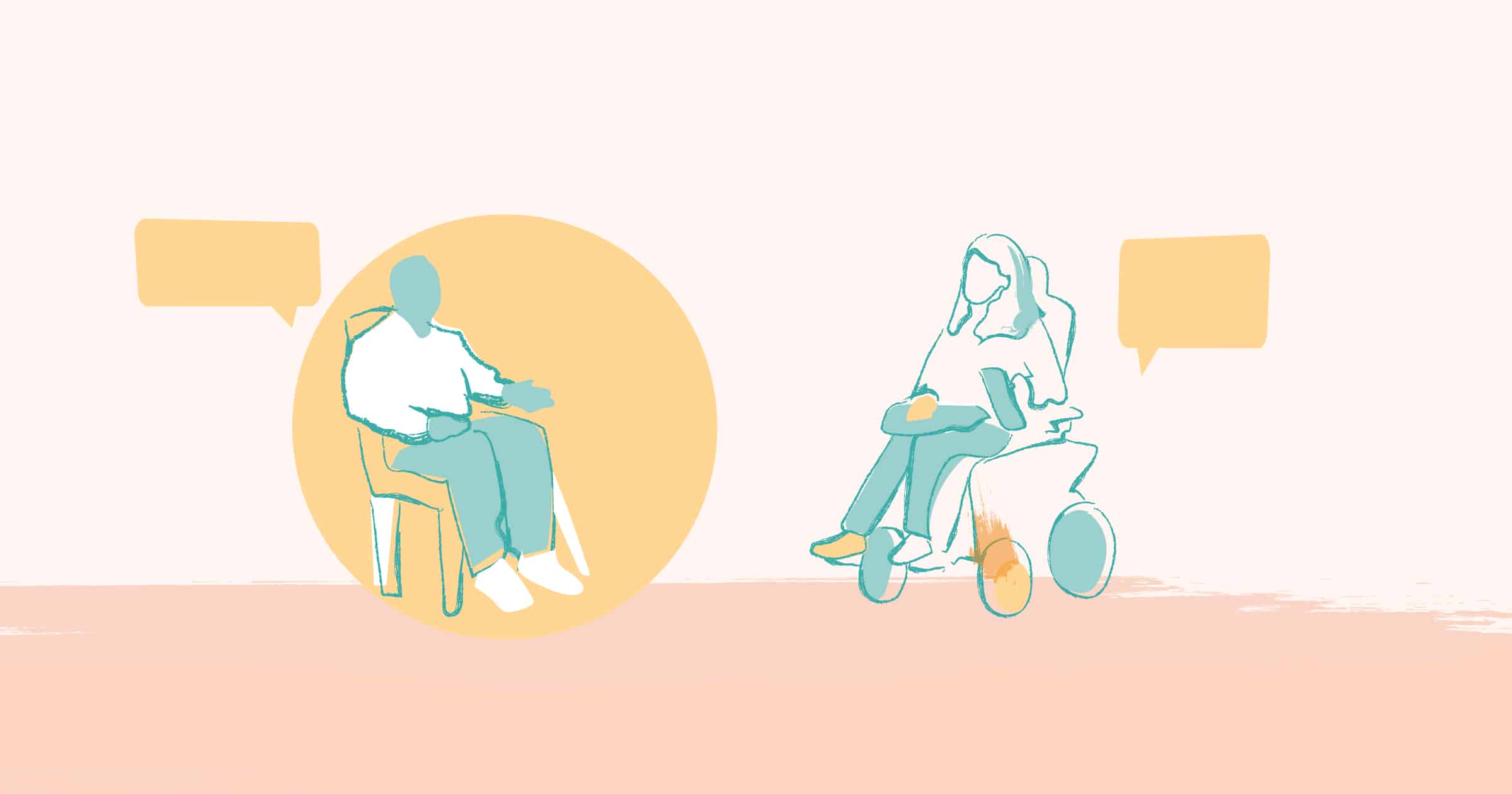 Illustration outline of two figures, one sitting in a chair on the left and one with a wheelchair on the right, outlined in blue. They have orange speech bubbles and the background is a light pink color.