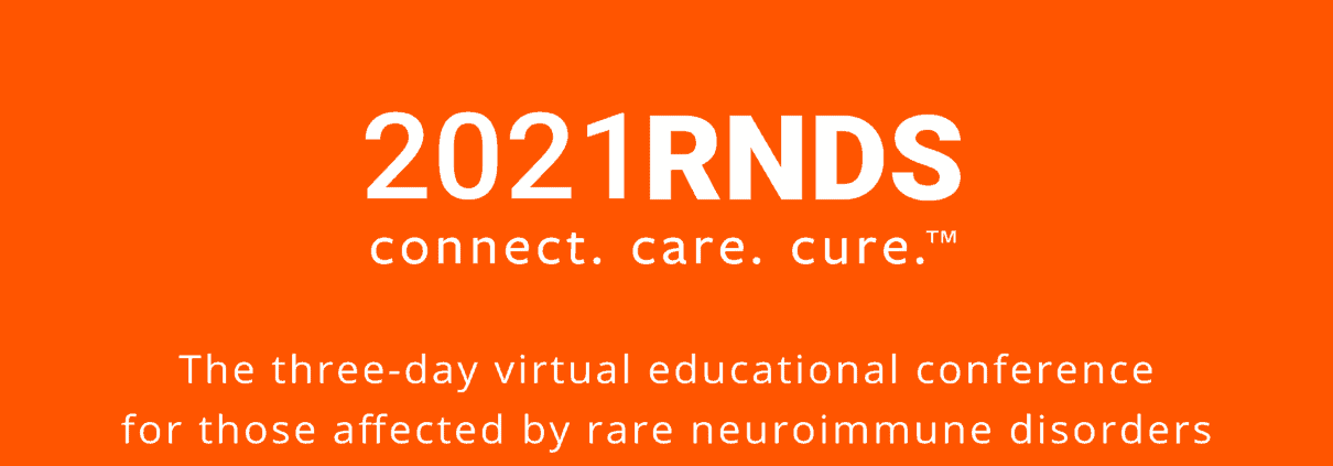 Tekst met de tekst 2021 RNDS met tekst eronder De driedaagse virtuele educatieve conferentie voor mensen met zeldzame neuro-immuunziekten op een oranje achtergrond