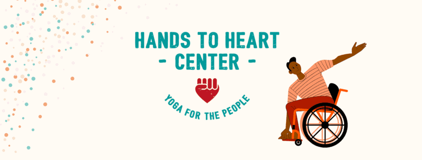 Text that reads Hands to heart center with a subtitle below it that reads Yoga for the people