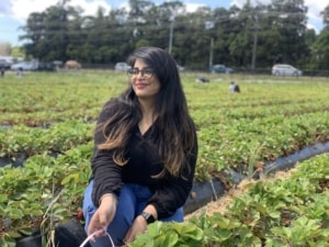 Picture of Prerna Narang sitting in strawberry farm looking off somewhere