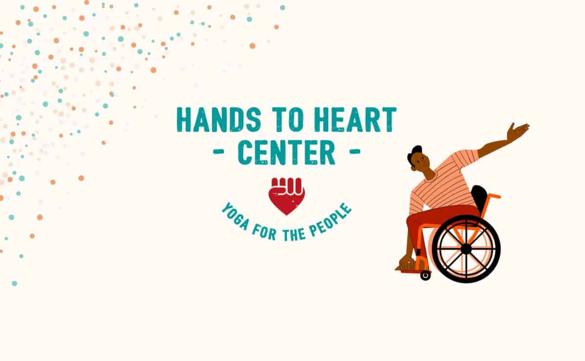 Text that reads Hands to heart center with a subtitle below it that reads Yoga for the people