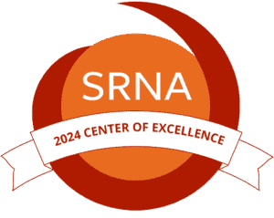 شارة برتقالية وحمراء تحمل عبارة "SRNA 2024 Center of Excellence".
