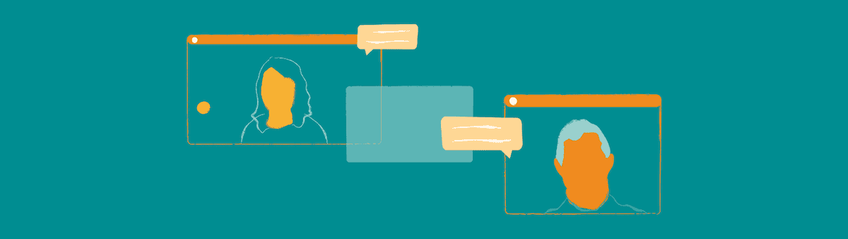 Graphic with a teal background and illustrations in different shades of orange of people speaking to one another.